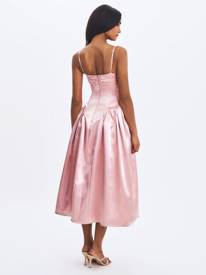 Miss Circle Sophisticated Tullia Dusty Rose Satin Ruched Midi Dress - Free Shipping