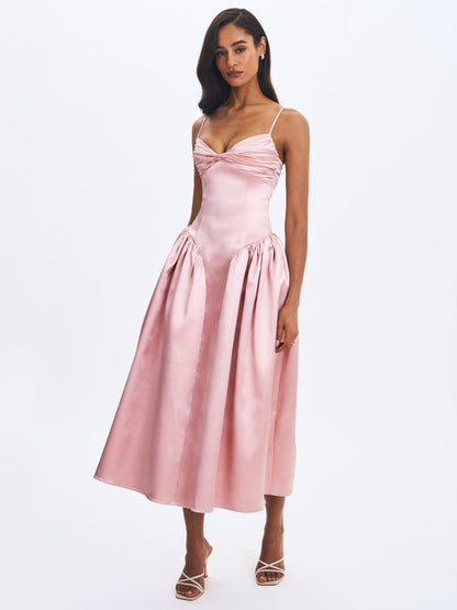 Miss Circle Sophisticated Tullia Dusty Rose Satin Ruched Midi Dress - Free Shipping