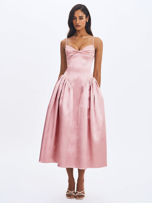 Miss Circle Sophisticated Tullia Dusty Rose Satin Ruched Midi Dress - Free Shipping