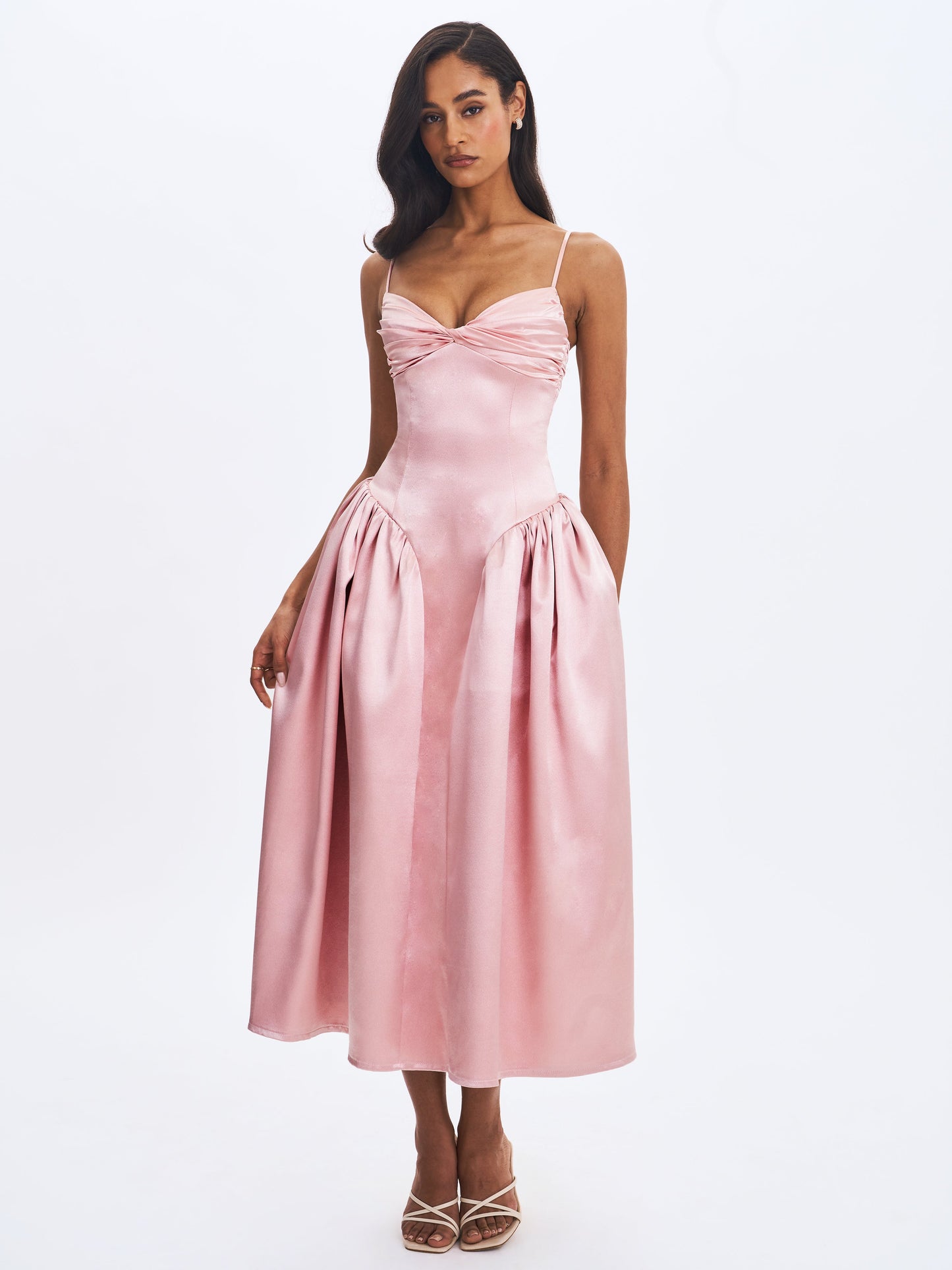 Miss Circle Sophisticated Tullia Dusty Rose Satin Ruched Midi Dress - Free Shipping