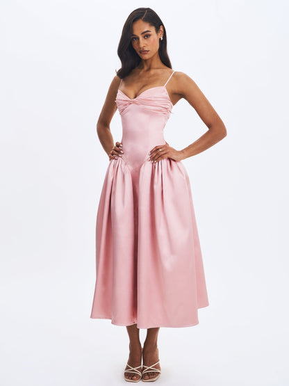 Miss Circle Sophisticated Tullia Dusty Rose Satin Ruched Midi Dress - Free Shipping