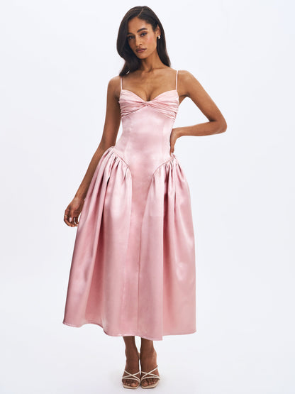 Miss Circle Sophisticated Tullia Dusty Rose Satin Ruched Midi Dress - Free Shipping