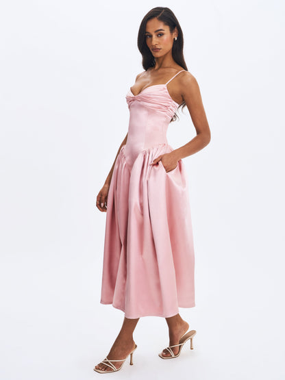 Miss Circle Sophisticated Tullia Dusty Rose Satin Ruched Midi Dress - Free Shipping