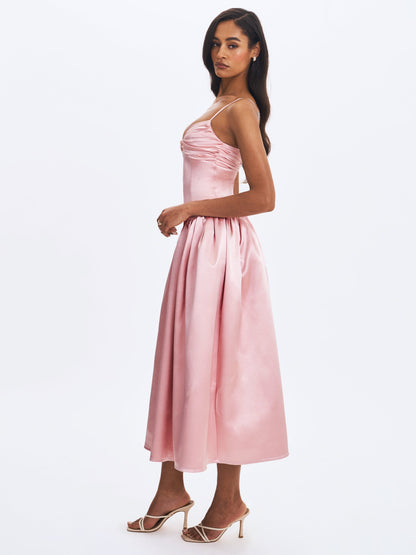 Miss Circle Sophisticated Tullia Dusty Rose Satin Ruched Midi Dress - Free Shipping