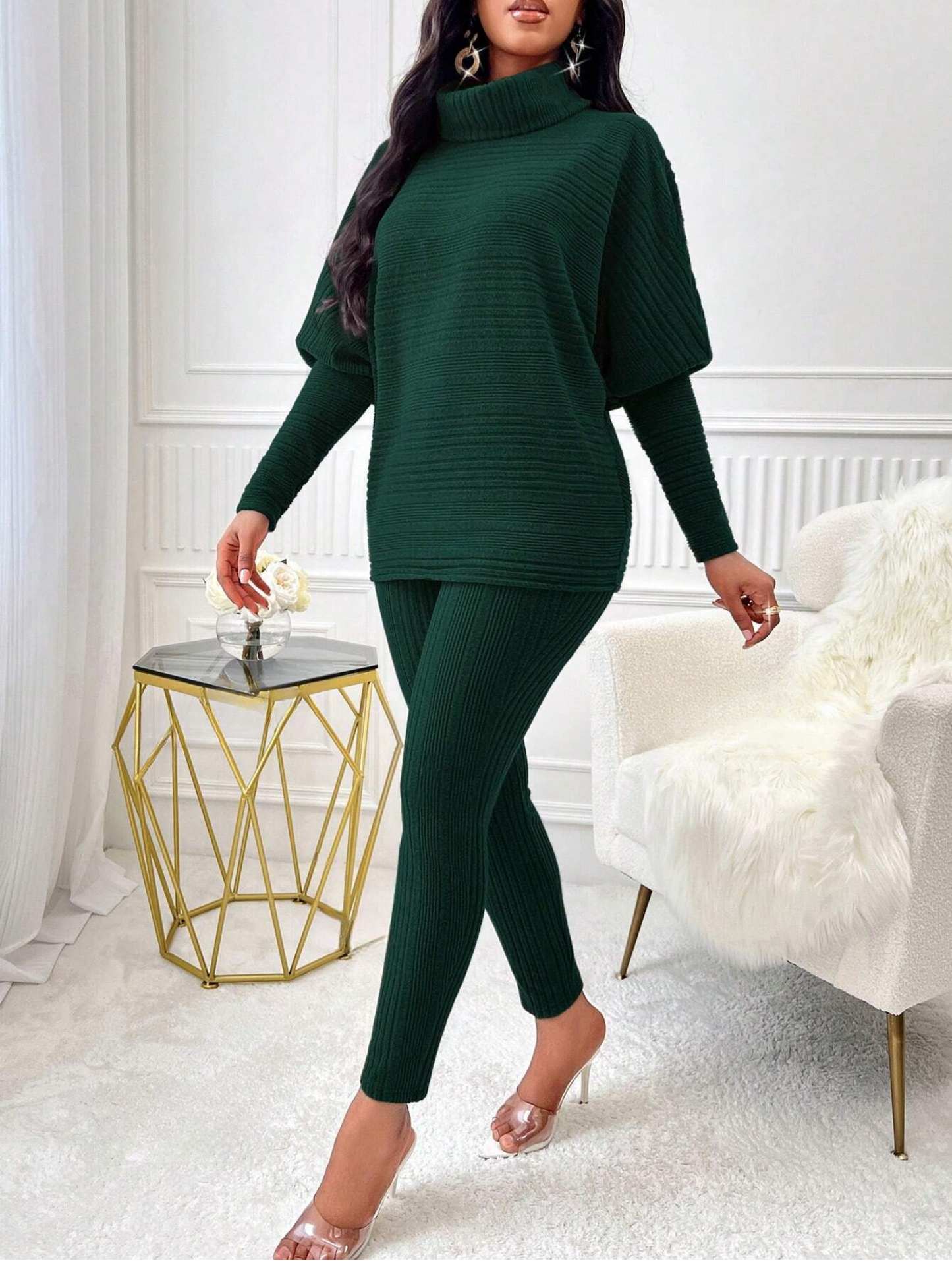 Chic 2-Piece Light Gray Solid Ribbed Turtleneck Batwing Sweater & Leggings Set - Free Shipping