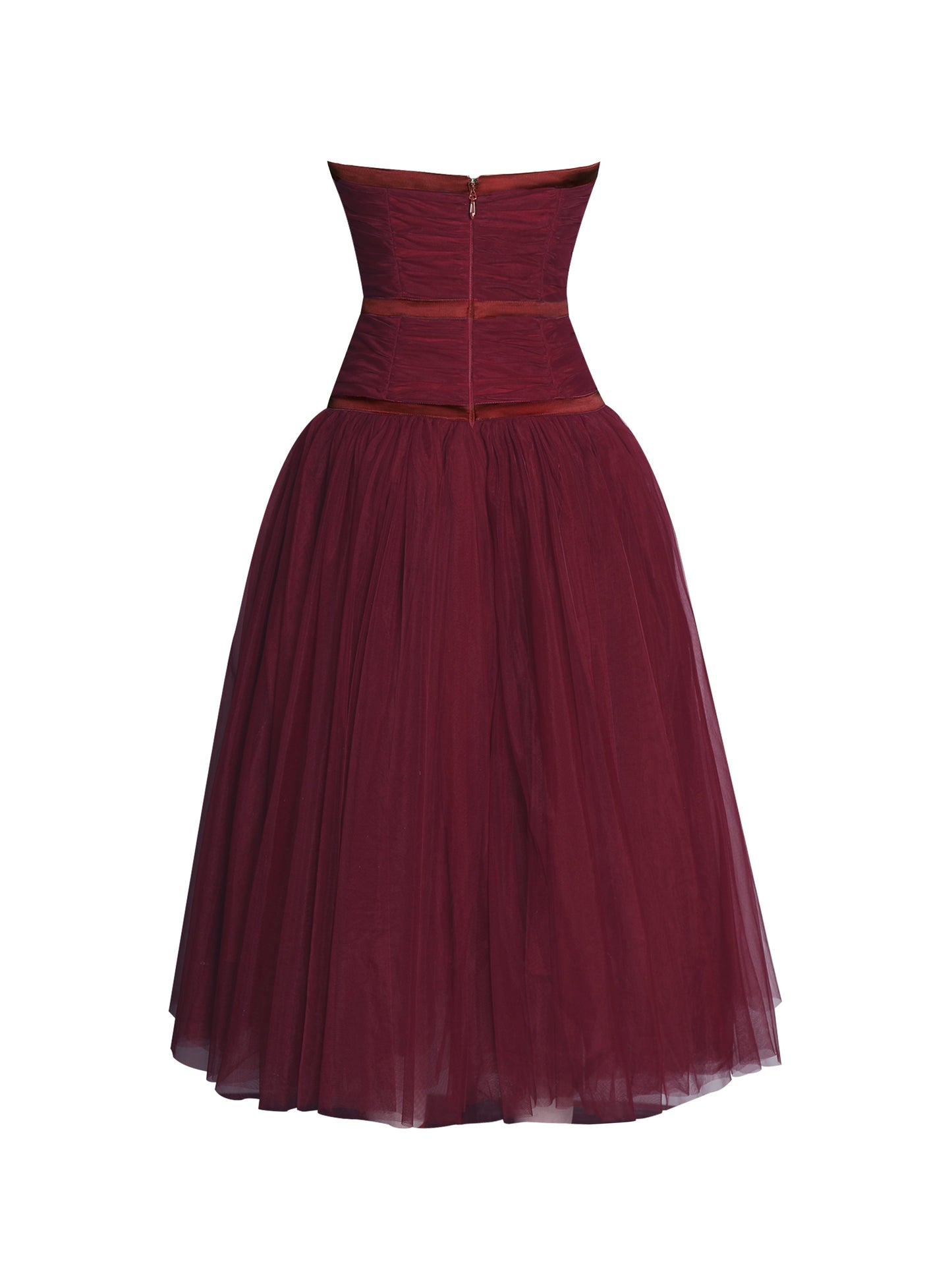 Miss Circle Mabel Burgundy Drop Waist Layered Mesh Midi Puffy Dress with Bow - Free Shipping