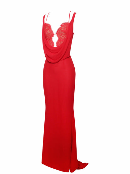 Miss Circle Ulanda Red Chiffon Lace Backless Maxi Train Dress - Free Shipping