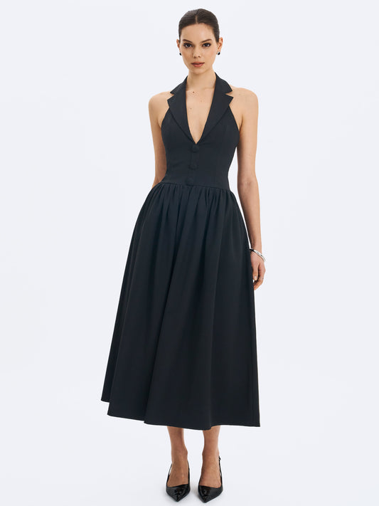 Miss Circle Delaney Black Lapel Halter Midi A-Line Dress - Free Shipping