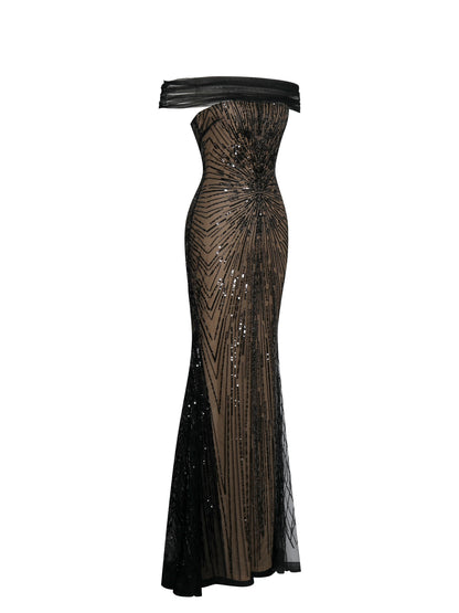 Miss Circle Qeturah Embroidered Sequin Off Shoulder Mesh Gown - Free Shipping