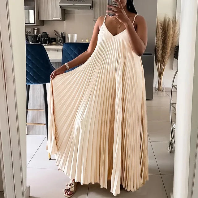 Elegant Pleated Summer Dress Loose Waisted V Neck Spaghetti Strap Ma Lady Luana Fashion Accessories