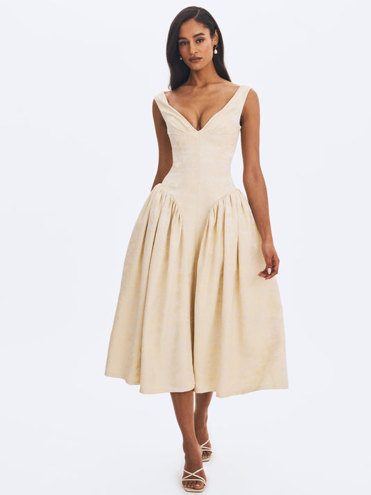 Elegant Chelsea Ivory Jacquard Ruched Bust Sweetheart Midi Dress - Free Shipping