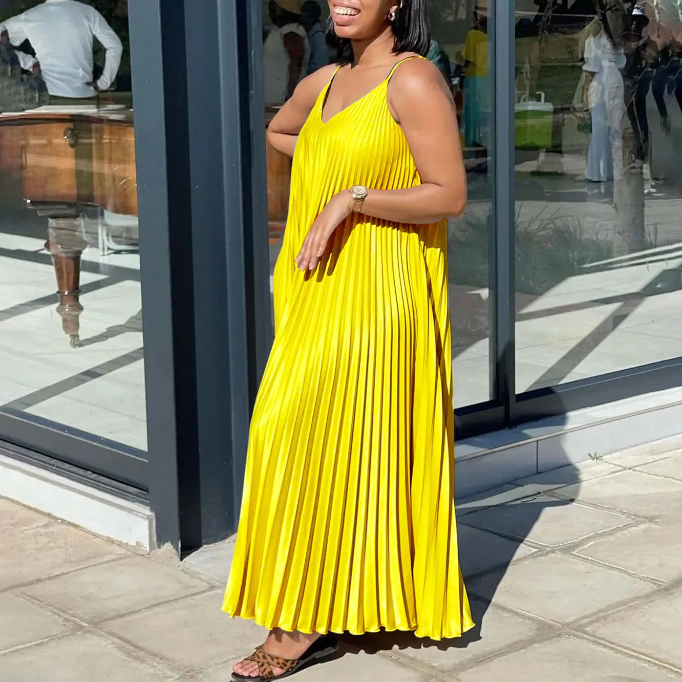 Elegant Pleated Summer Dress - Loose Waisted V-Neck Spaghetti Strap Maxi Dress-S-XXXL-Free Shipping