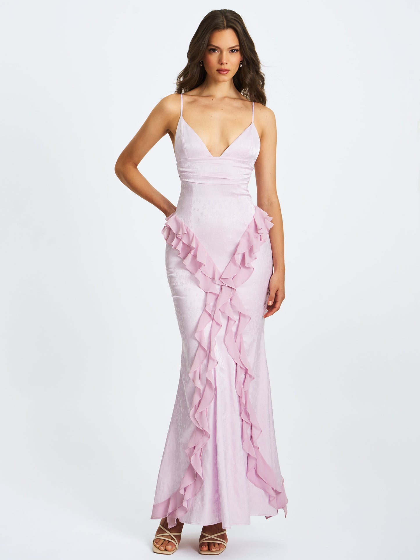 Miss Circle Romantic Paolina Taro Pink Jacquard Ruffle Mermaid Maxi Dress - Free Shipping
