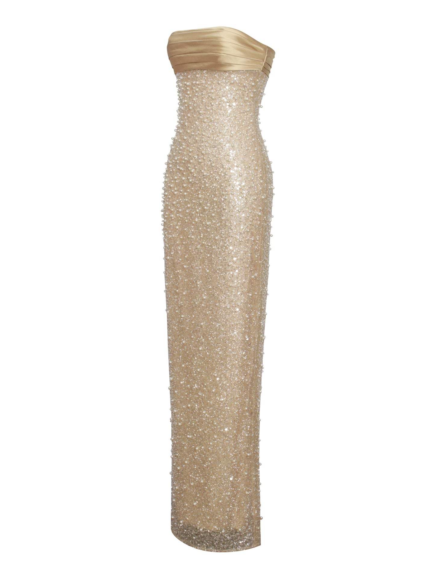 Miss Circle Lainey Gold Satin Sequin Pearls Beaded Maxi Dress - Free Shipping