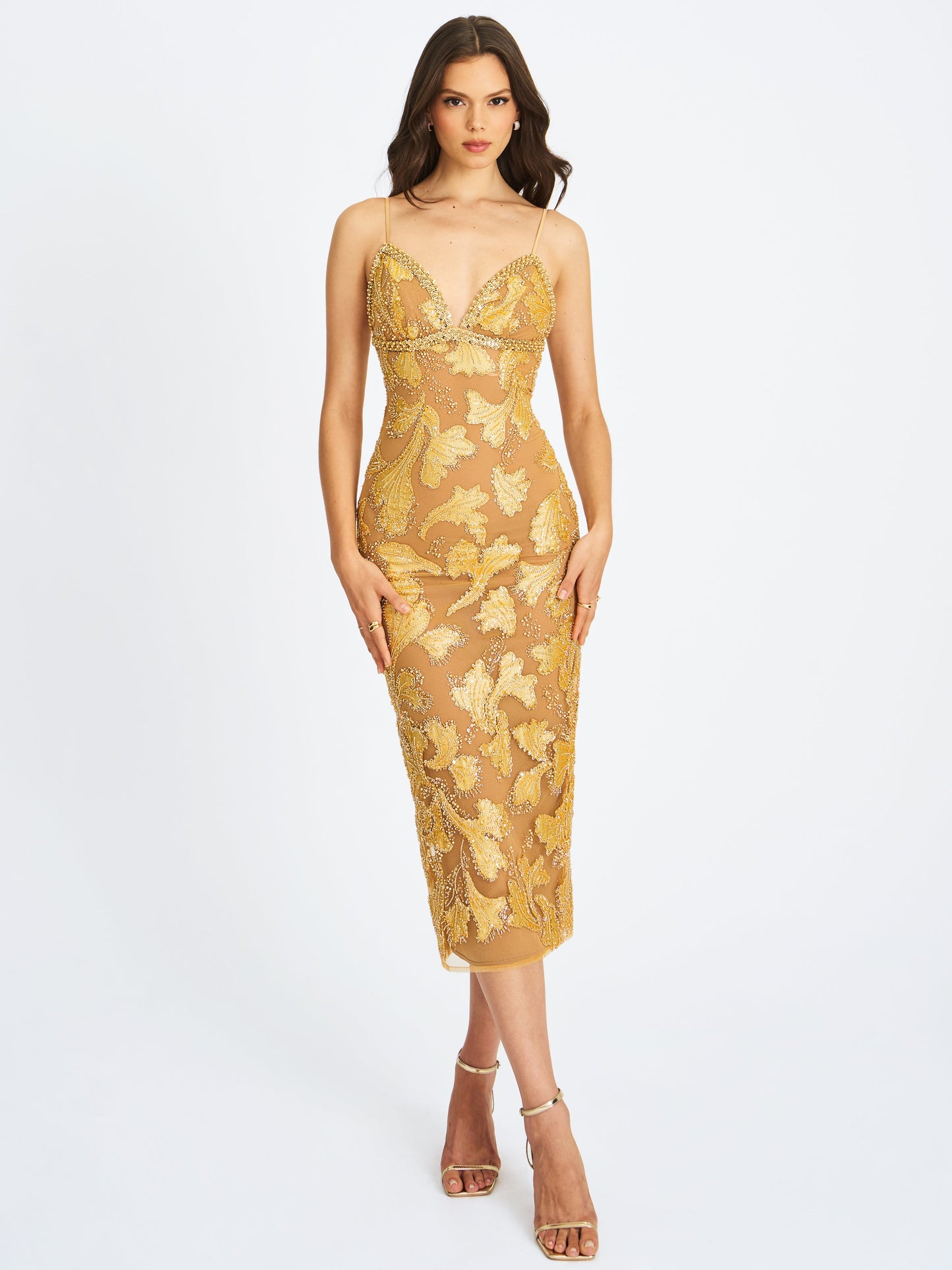 Miss Circle Sophisticated Edie Gold Beaded Sequin Midi Pencil Dress - Free Shipping