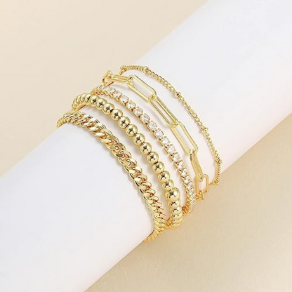 14K Gold Filled Bracelet Set: Tennis, Cuban, Beaded, Paperclip