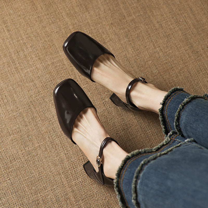 Cutout Mary Jane Full-Grain Cowhide Square Toe Block Heel Sandals - Free Shipping