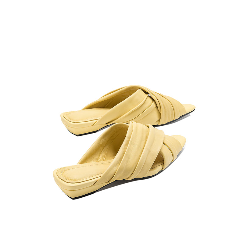 Ruched Lambskin Handmade Leather Flat Sandals - Free Shipping