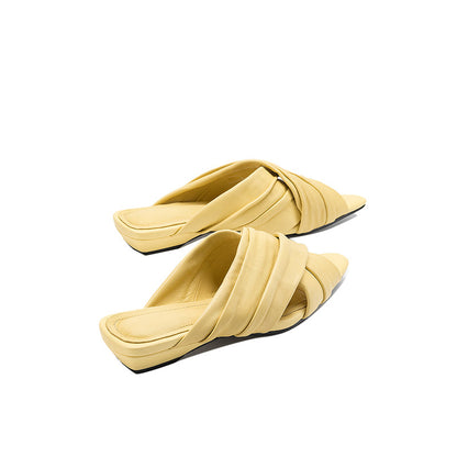 Ruched Lambskin Handmade Leather Flat Sandals - Free Shipping