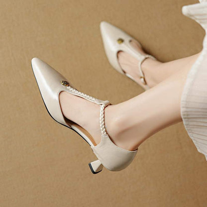 French Retro Camellia-Embellished Leather Kitten Heels - Free Shipping