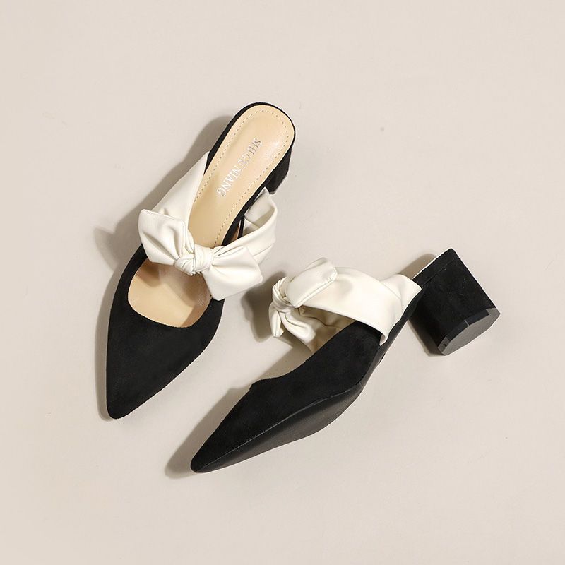 Chunky Heel Pointed Toe Slip-On Block Heels with Bow - Free Shipping