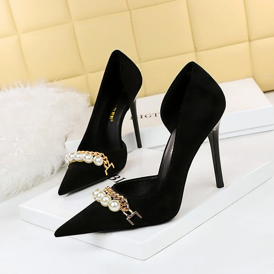 Pearl-Embellished Metallic Chain Pointed-Toe Side-Cutout Heels - Free Shipping