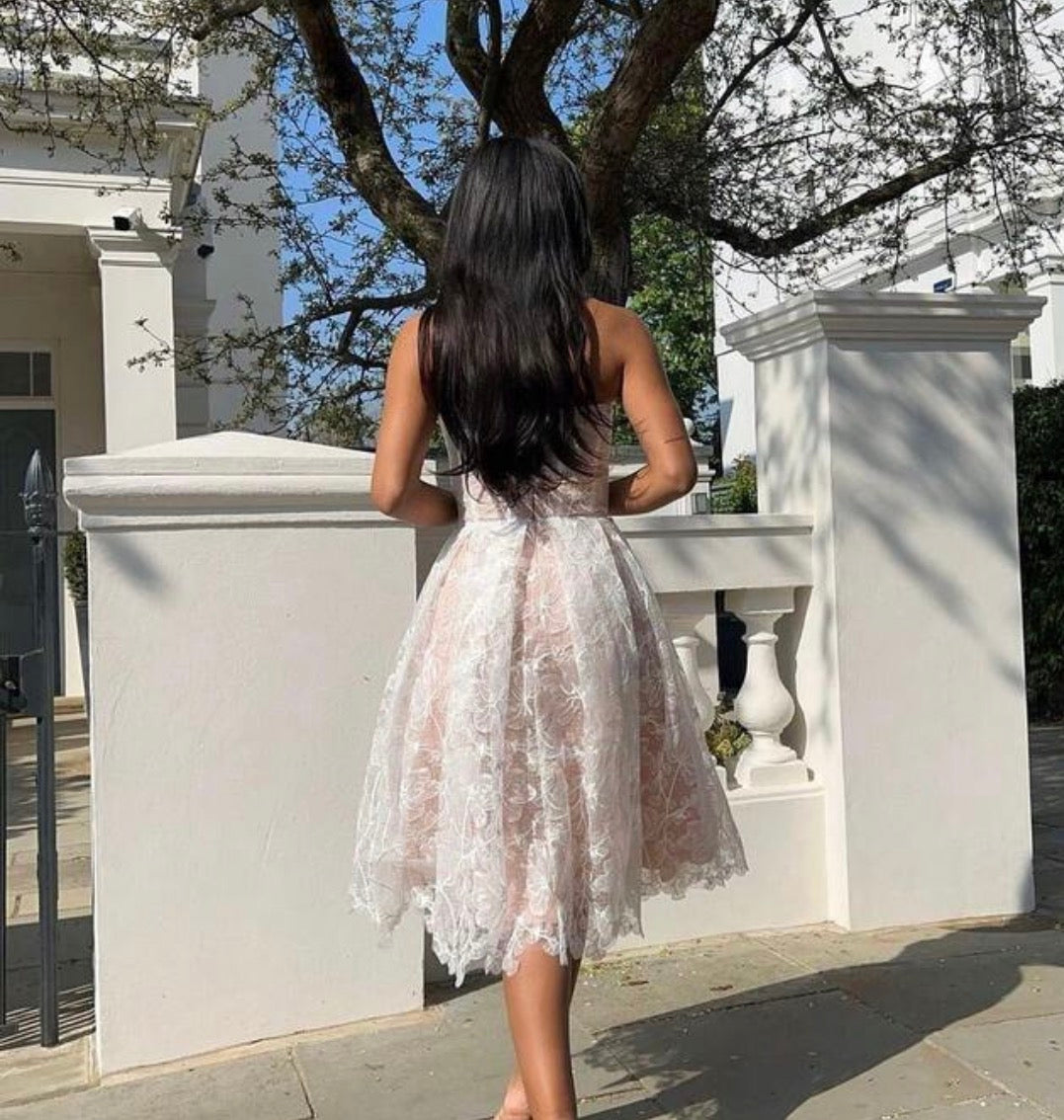 Elegant Strapless Lace Corset Sweetheart Midi Dress - Free Shipping