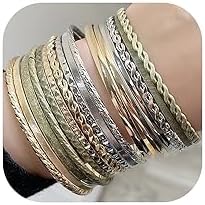 Gold and Silver Bangle Bracelet Sets - Multi-Layer Stackable Textured Bangles