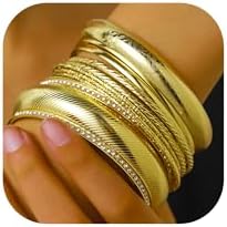 Gold and Silver Bangle Bracelet Sets - Multi-Layer Stackable Textured Bangles