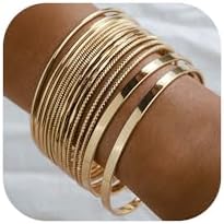 Gold and Silver Bangle Bracelet Sets - Multi-Layer Stackable Textured Bangles