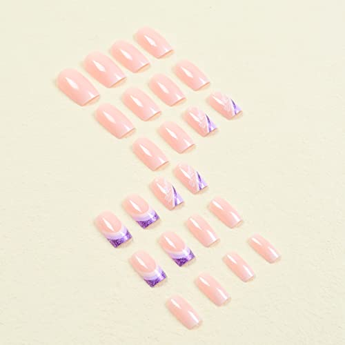 Trendy Medium Square Press-On Nails Flower Design-24 Pcs Glossy-Free Shipping