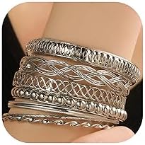 Gold and Silver Bangle Bracelet Sets - Multi-Layer Stackable Textured Bangles