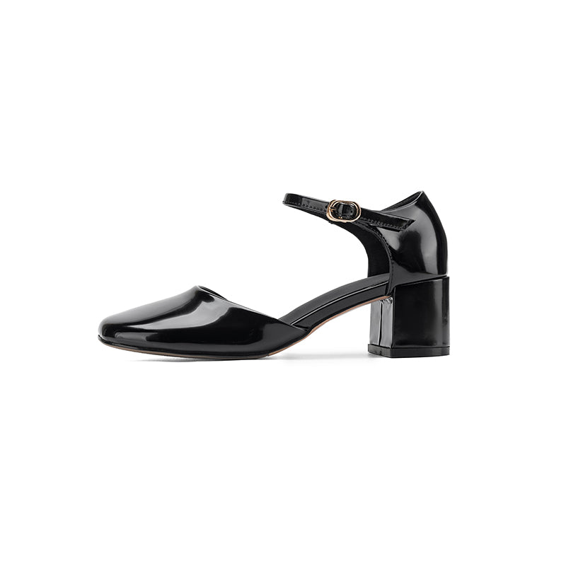 Cutout Mary Jane Full-Grain Cowhide Square Toe Block Heel Sandals - Free Shipping