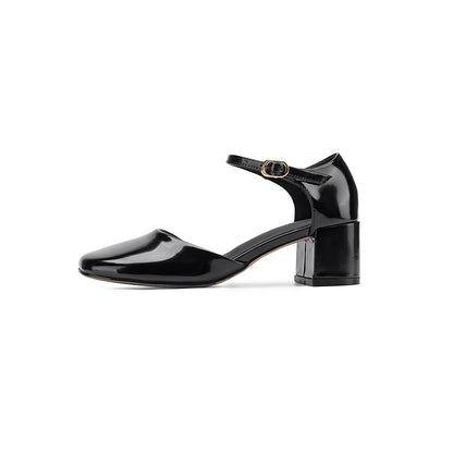 Cutout Mary Jane Full-Grain Cowhide Square Toe Block Heel Sandals - Free Shipping