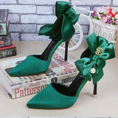 Pointed Toe Bow Slip-On Stiletto Heels - Free Shipping