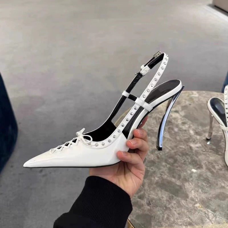 Stunning Pointed-Toe Rivet-Sling Back Lace-Up Stiletto High Heels - Free Shipping