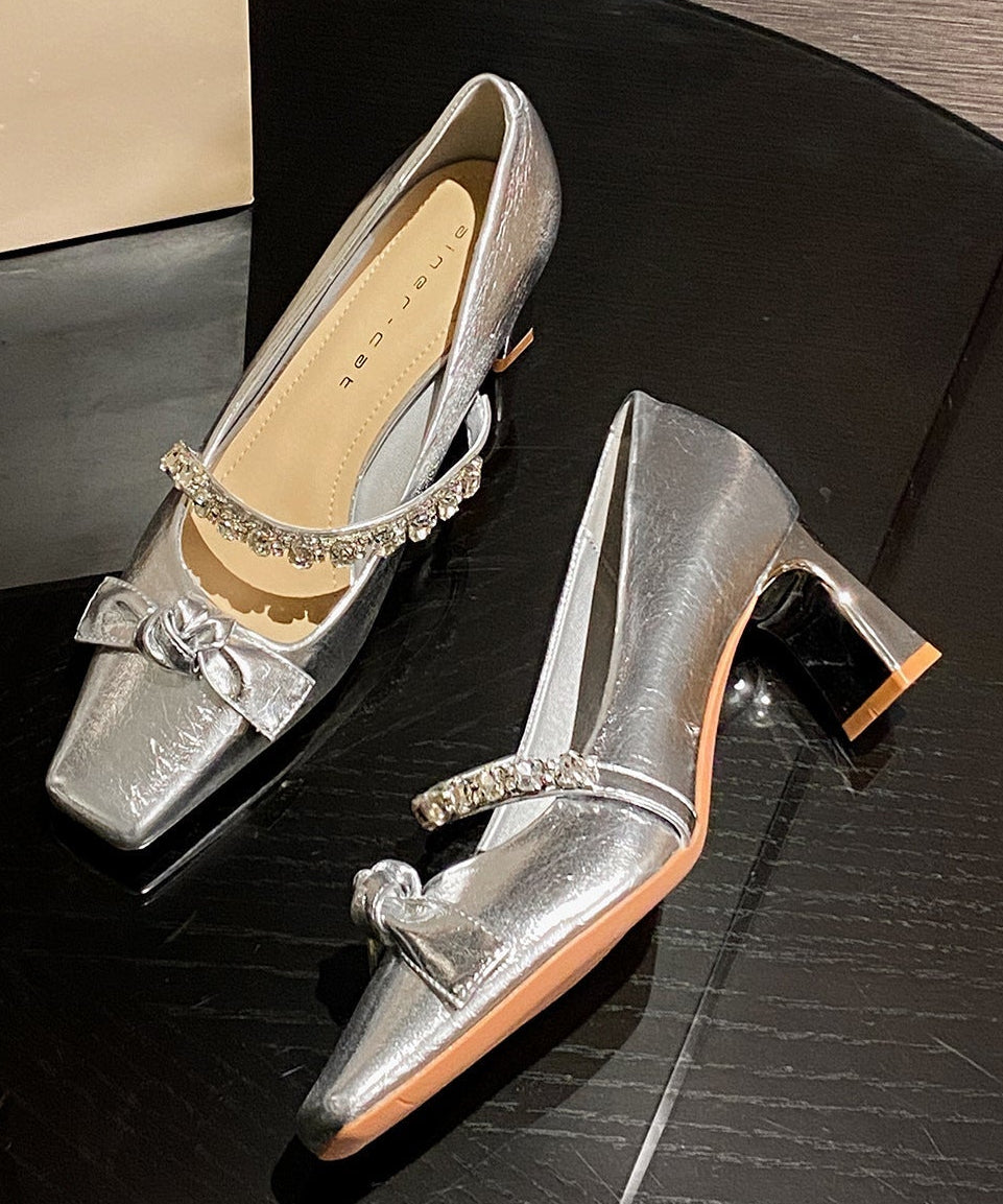 Rhinestone French Style Pointed Toe Chunky Mary Jane Heels -  Free Shipping