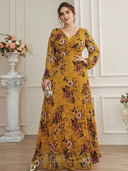 V-Neck Plus Size Lace Maxi Dress - Flowy A-Line-Free Shipping