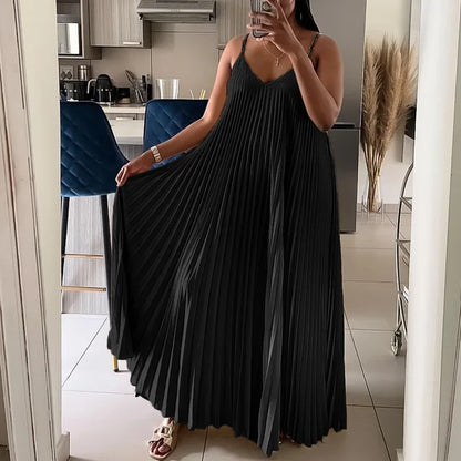 Elegant Pleated Summer Dress - Loose Waisted V-Neck Spaghetti Strap Maxi Dress-S-XXXL-Free Shipping