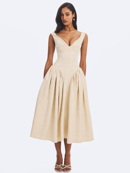 Miss Circle Elegant Chelsea Ivory Jacquard Ruched Bust Sweetheart Midi Dress - Free Shipping