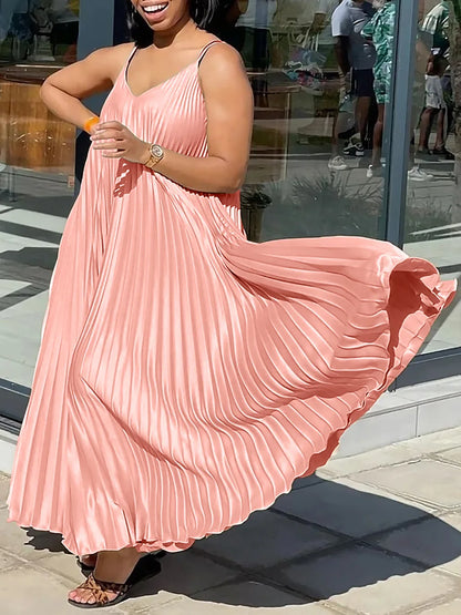 Elegant Pleated Summer Dress - Loose Waisted V-Neck Spaghetti Strap Maxi Dress-S-XXXL-Free Shipping