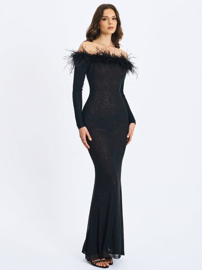 Miss Circle Emberly Black Fur Trimmed Off-Shoulder Rhinestone Mermaid Maxi Dress - Free Shipping