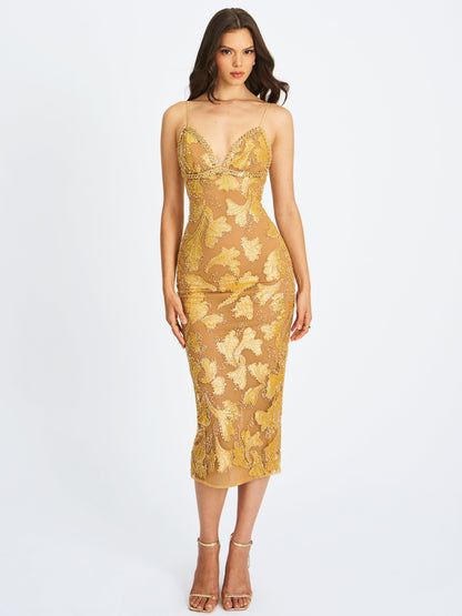 Miss Circle Sophisticated Edie Gold Beaded Sequin Midi Pencil Dress - Free Shipping