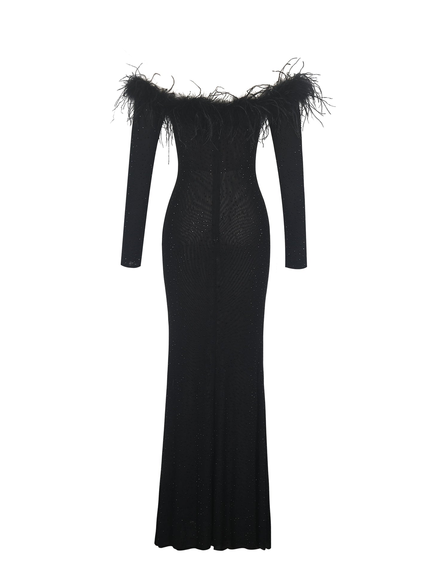 Miss Circle Emberly Black Fur Trimmed Off-Shoulder Rhinestone Mermaid Maxi Dress - Free Shipping