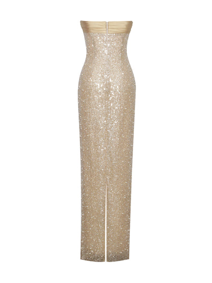 Miss Circle Lainey Gold Satin Sequin Pearls Beaded Maxi Dress - Free Shipping