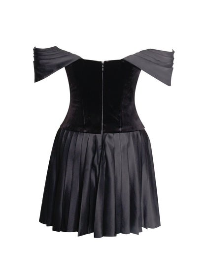 Miss Circle Echo Black Velvet Off-shoulder Pleated Mini Dress - Free Shipping