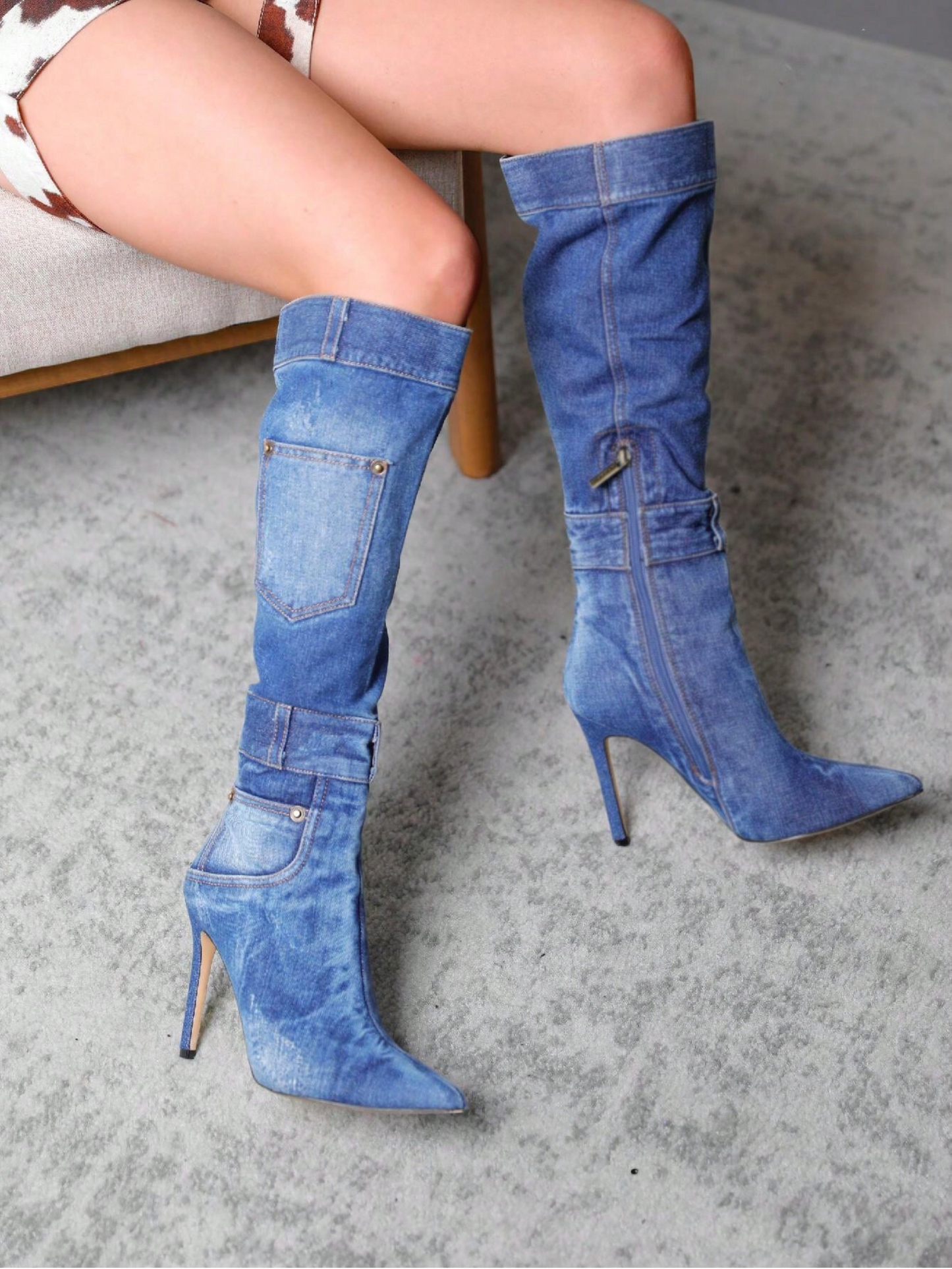 Stylish Women’s Knee Hi Denim Look Pointed Boots Pocket Design-Free Shipping