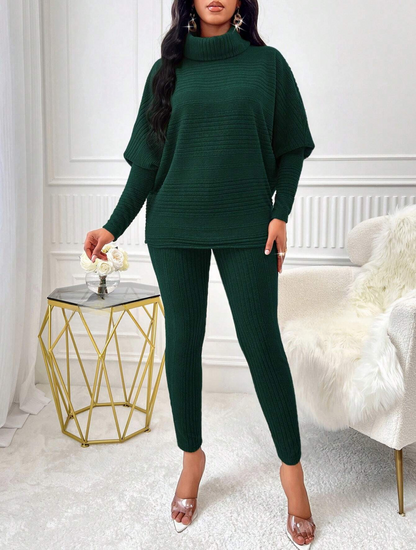 Chic 2-Piece Light Gray Solid Ribbed Turtleneck Batwing Sweater & Leggings Set - Free Shipping