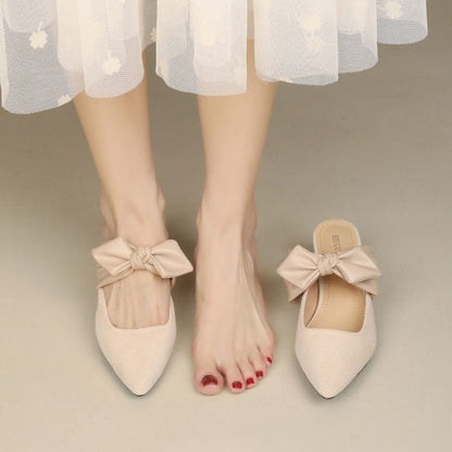 Chunky Heel Pointed Toe Slip-On Block Heels with Bow - Free Shipping