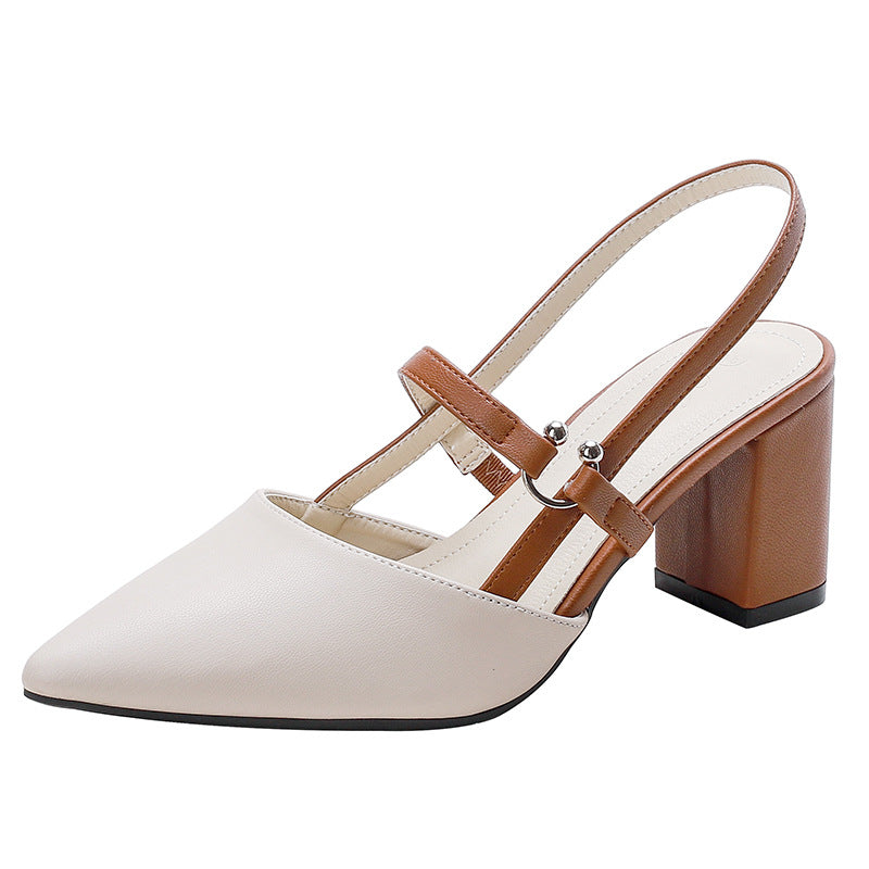 Pointed-Toe Open-Heel T-Strap Buckle Chunky High Heels - Free Shipping